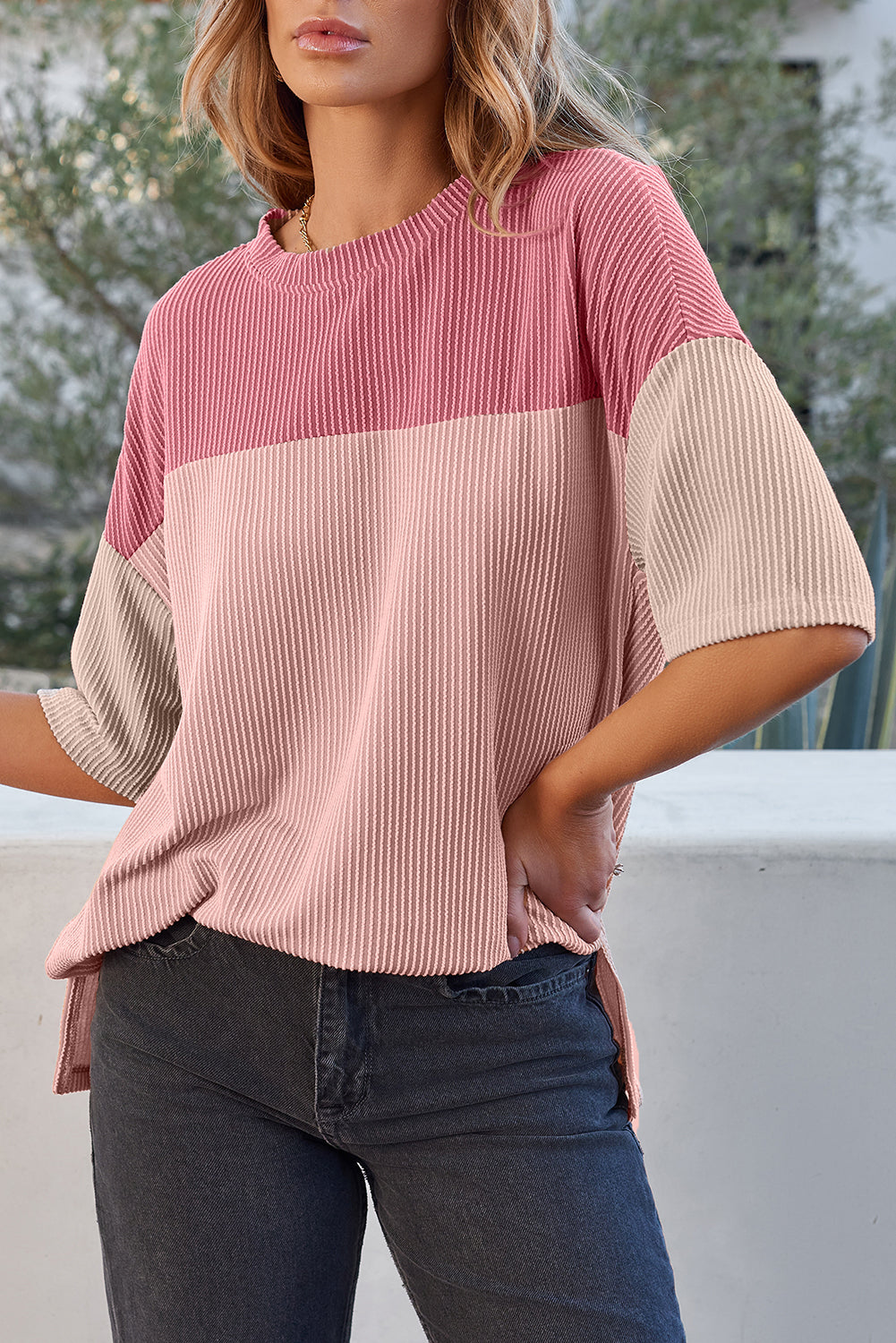Color Block Ribbed Side Slits Half Sleeve Top