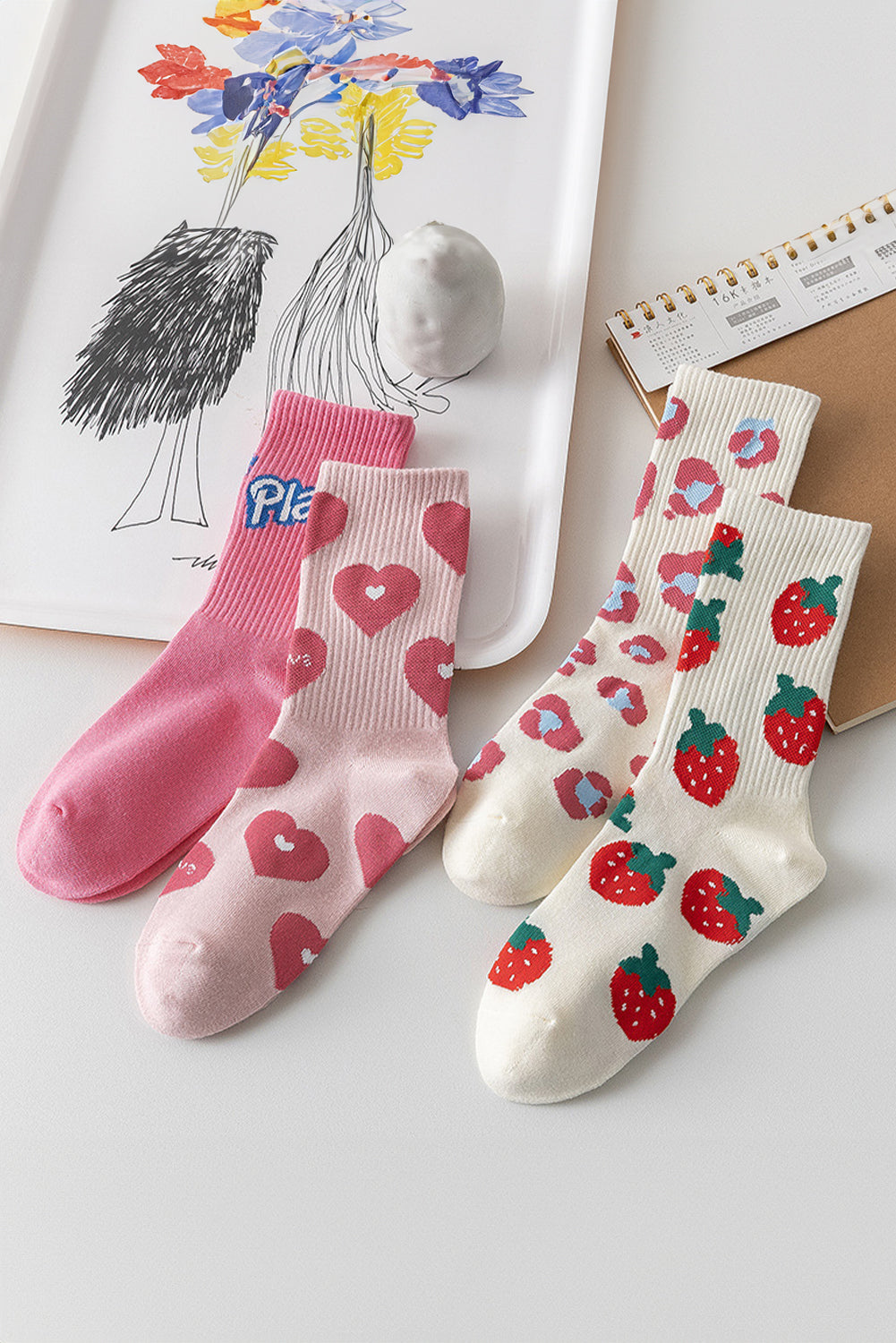 Heart Trim Print Rib-Knit Soft Crew Socks