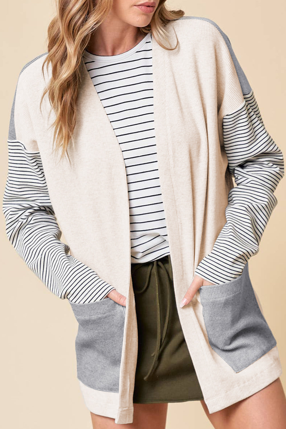 Patchwork Stripe Colorblock Open-Front Cardigan Featuring a Pocket in Black