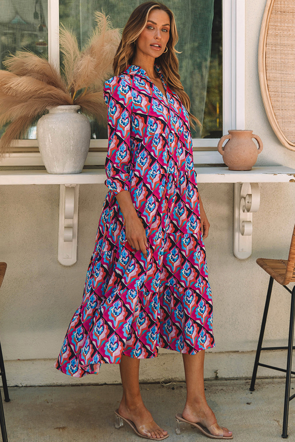 Women's High-Rise Geometric Long-Sleeve Dress