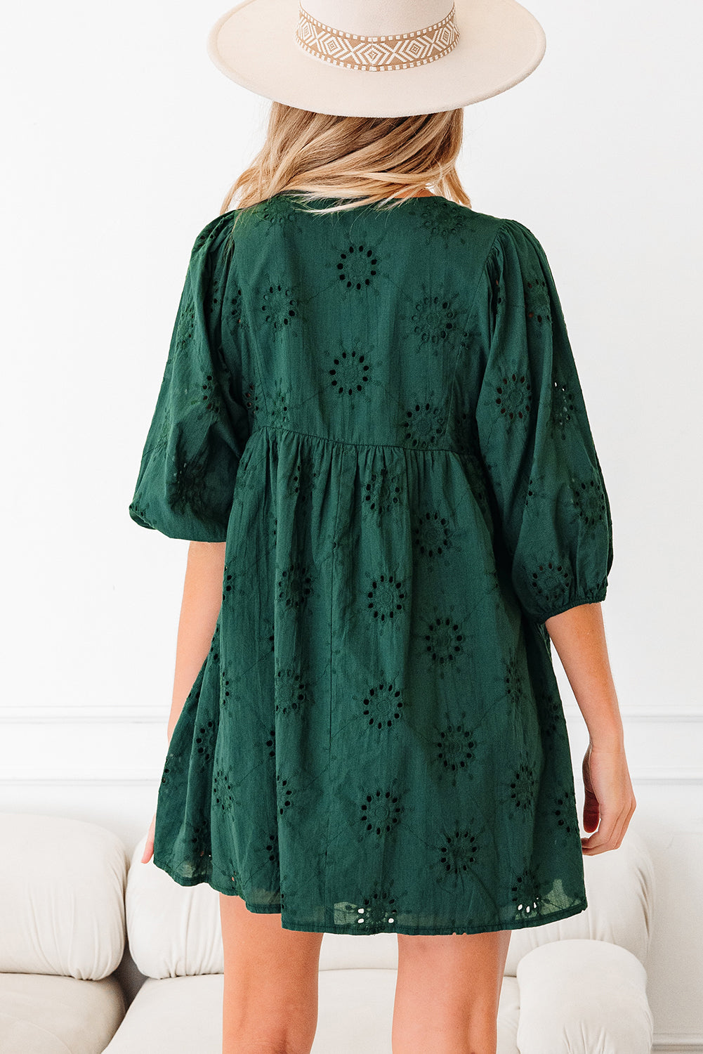 Embroidered Eyelet Pattern 3/4 Puffy Sleeve Swing Mini Dress