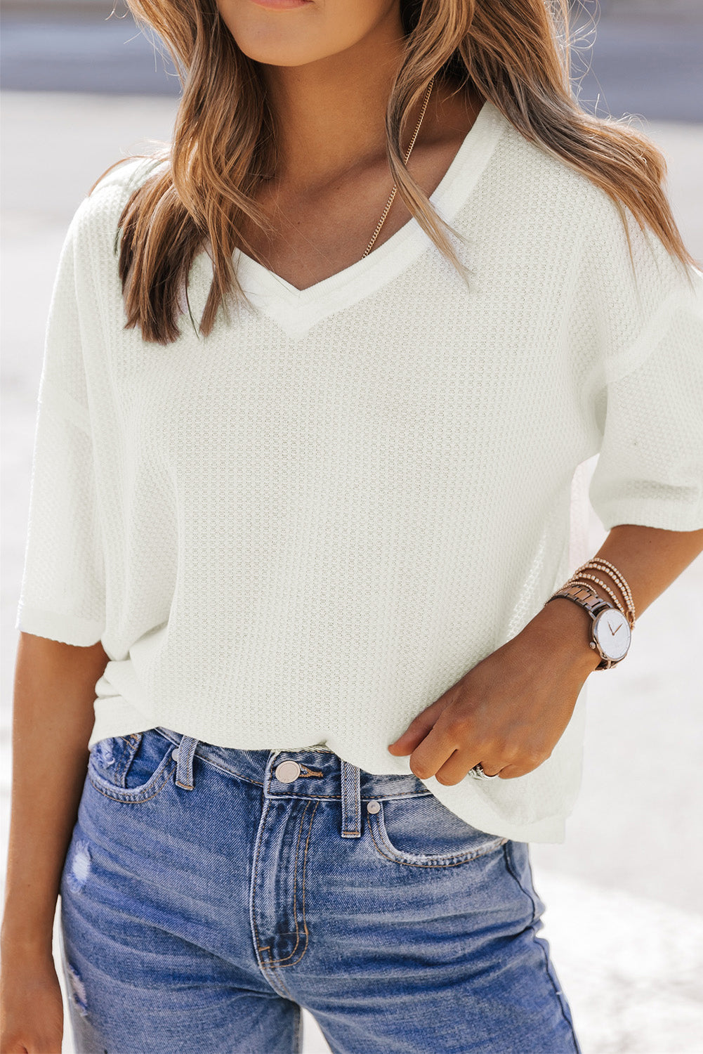 Women's Waffle Knitted Dropped-Shoulder Loose Top