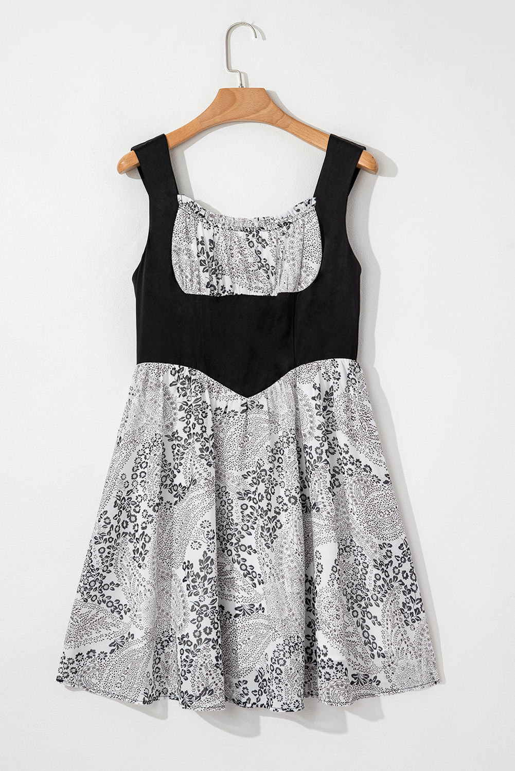 Black Sleeveless Leather Bustier Patchwork Paisley Floral Chiffon Dress