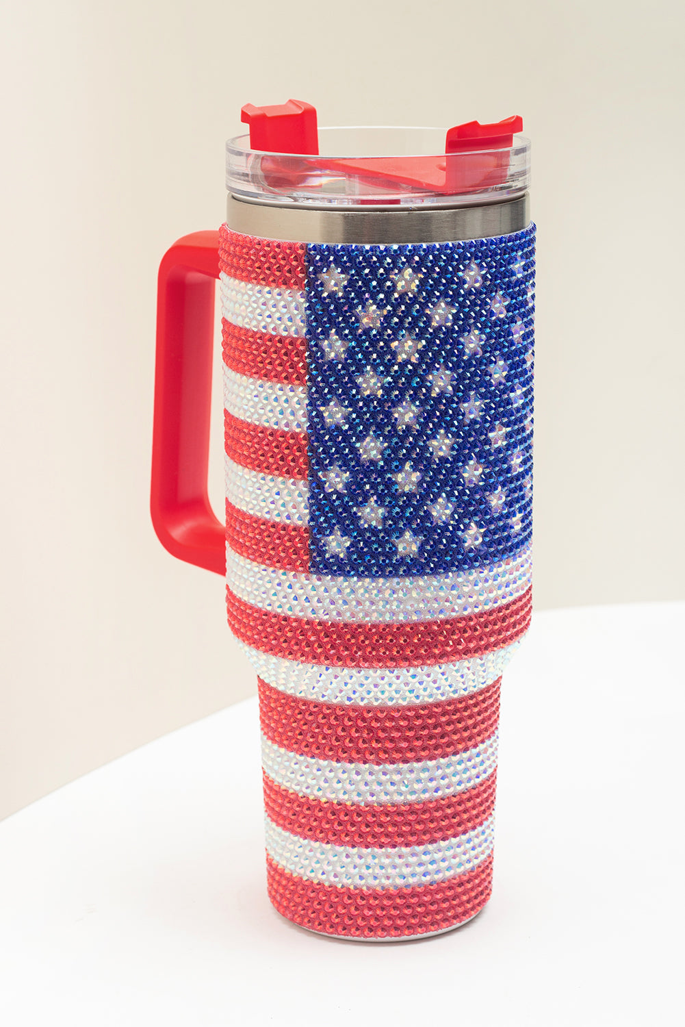 American Flag Rhinestone Flag Print Handled 40oz Thermos Tumbler