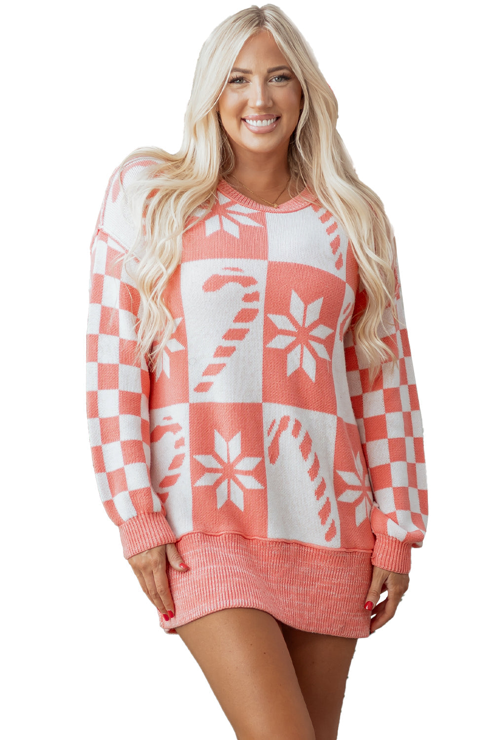 Snowflake Checker Candycane Checker Christmas Holiday Drop-Shoulder Tunic Loose Knit Top