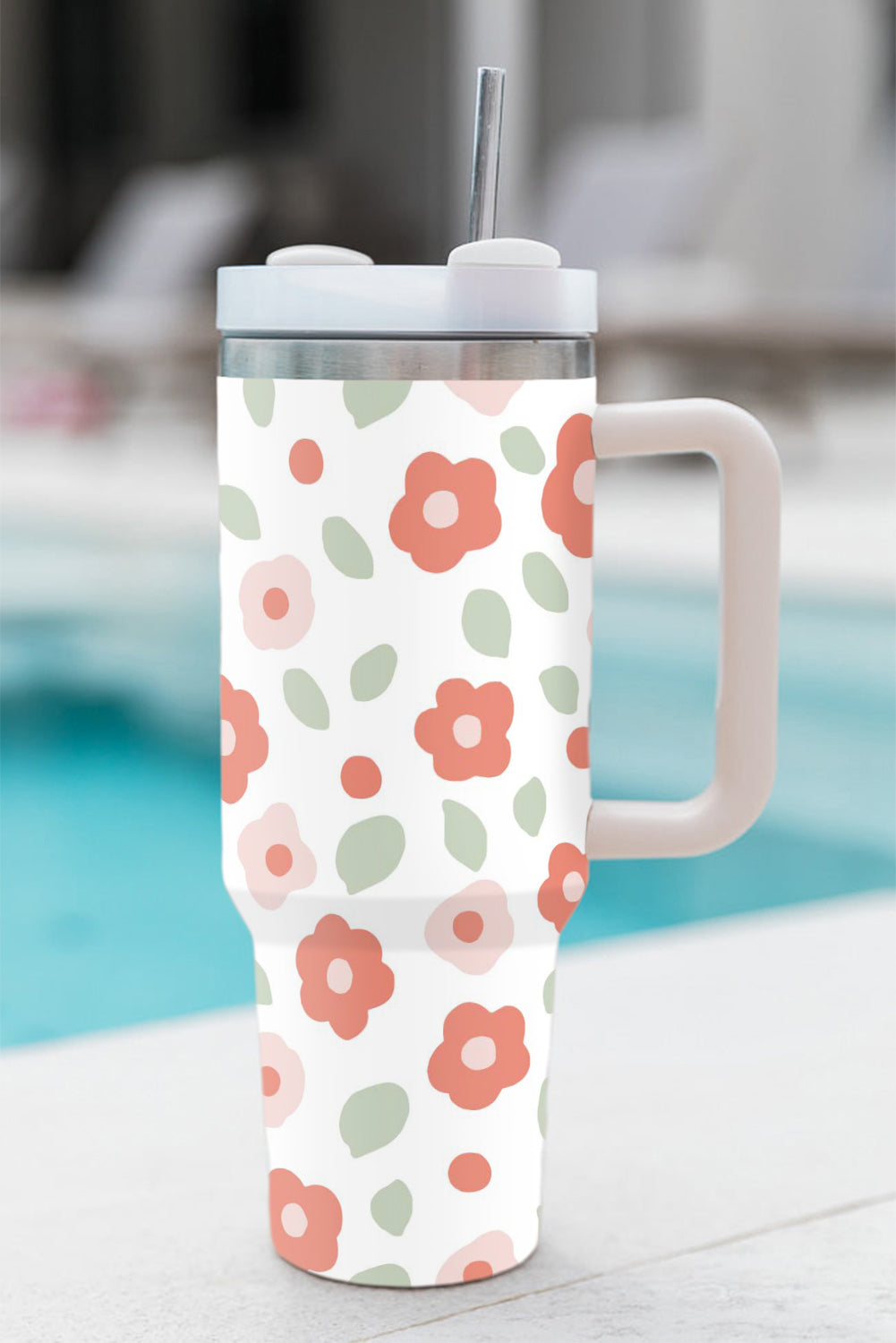 Floral Leaves Print Stainless Large Portable Cup 40oz