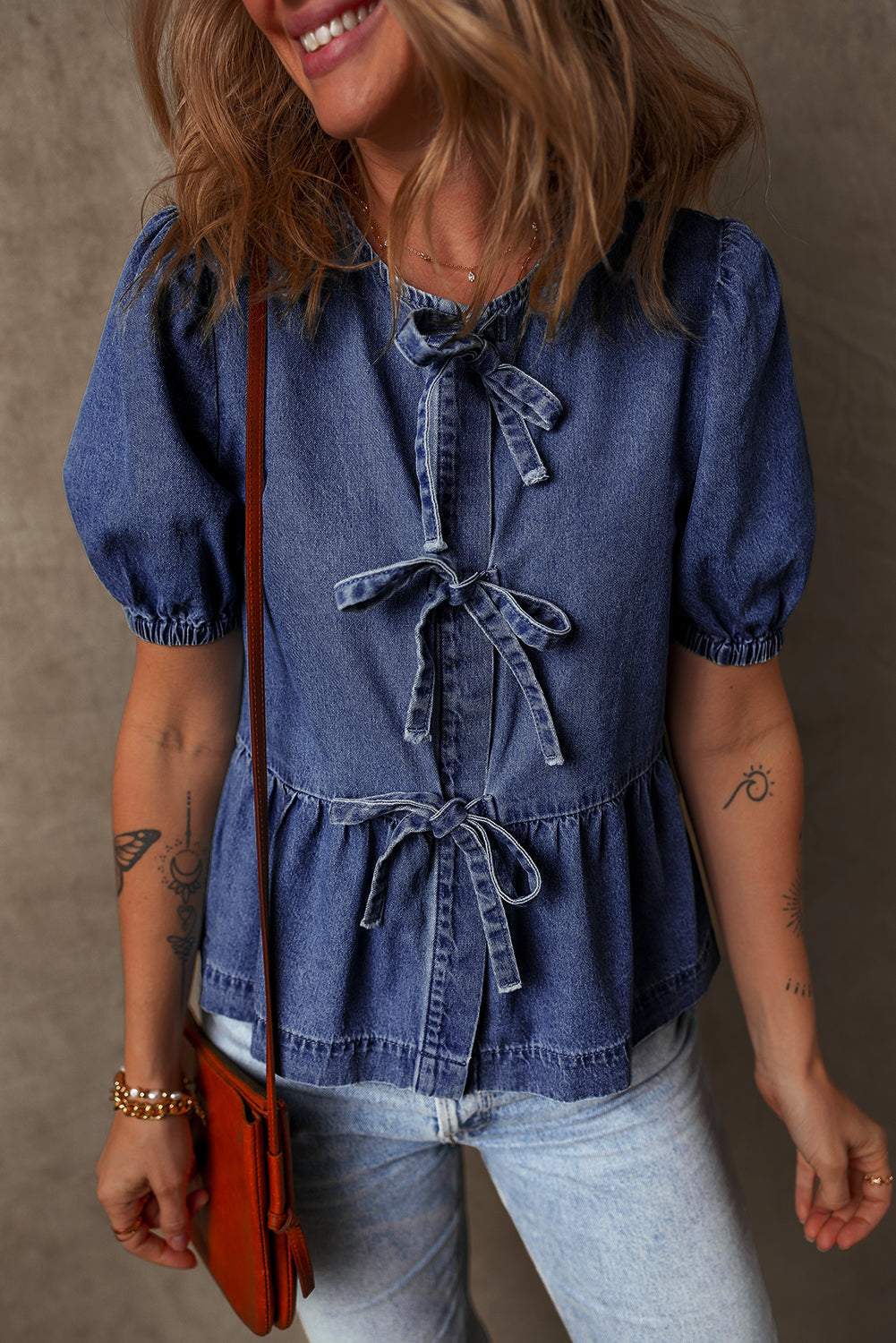 Sail Blue Tied Front Peplum Denim Shirt