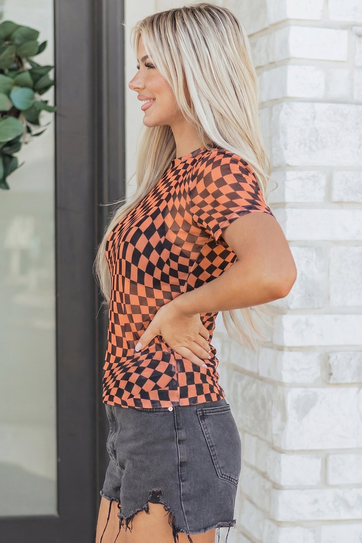 Crew-Neck Checkered Print Mesh T Shirt in Orange