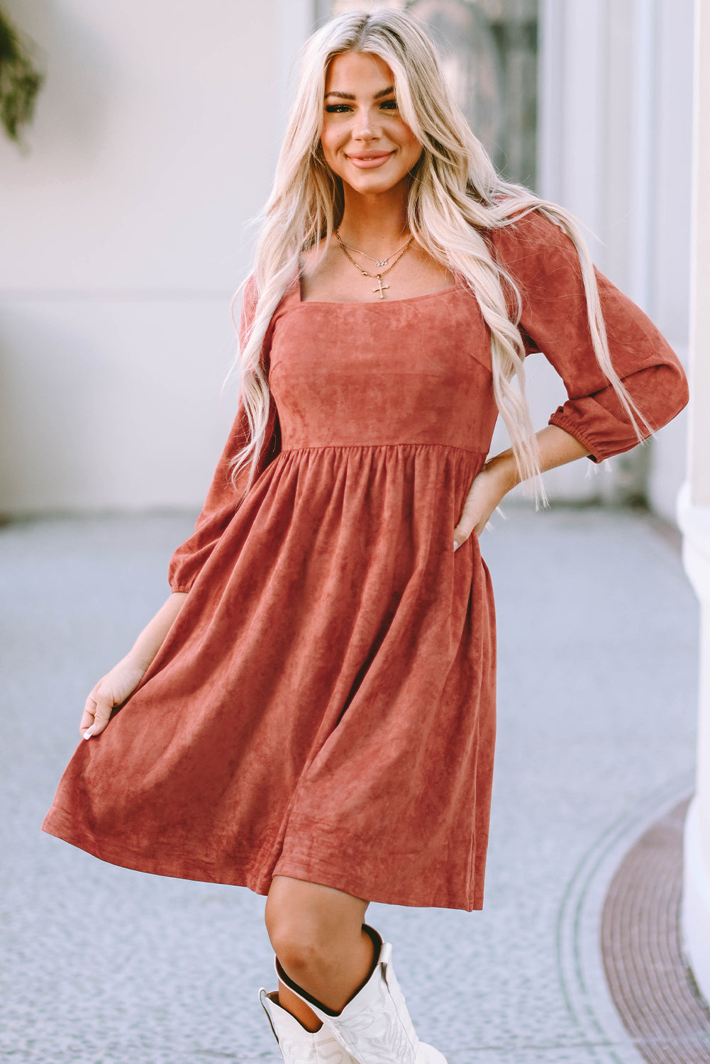 Women's Dress Featuring Sleeve Suede Balloon