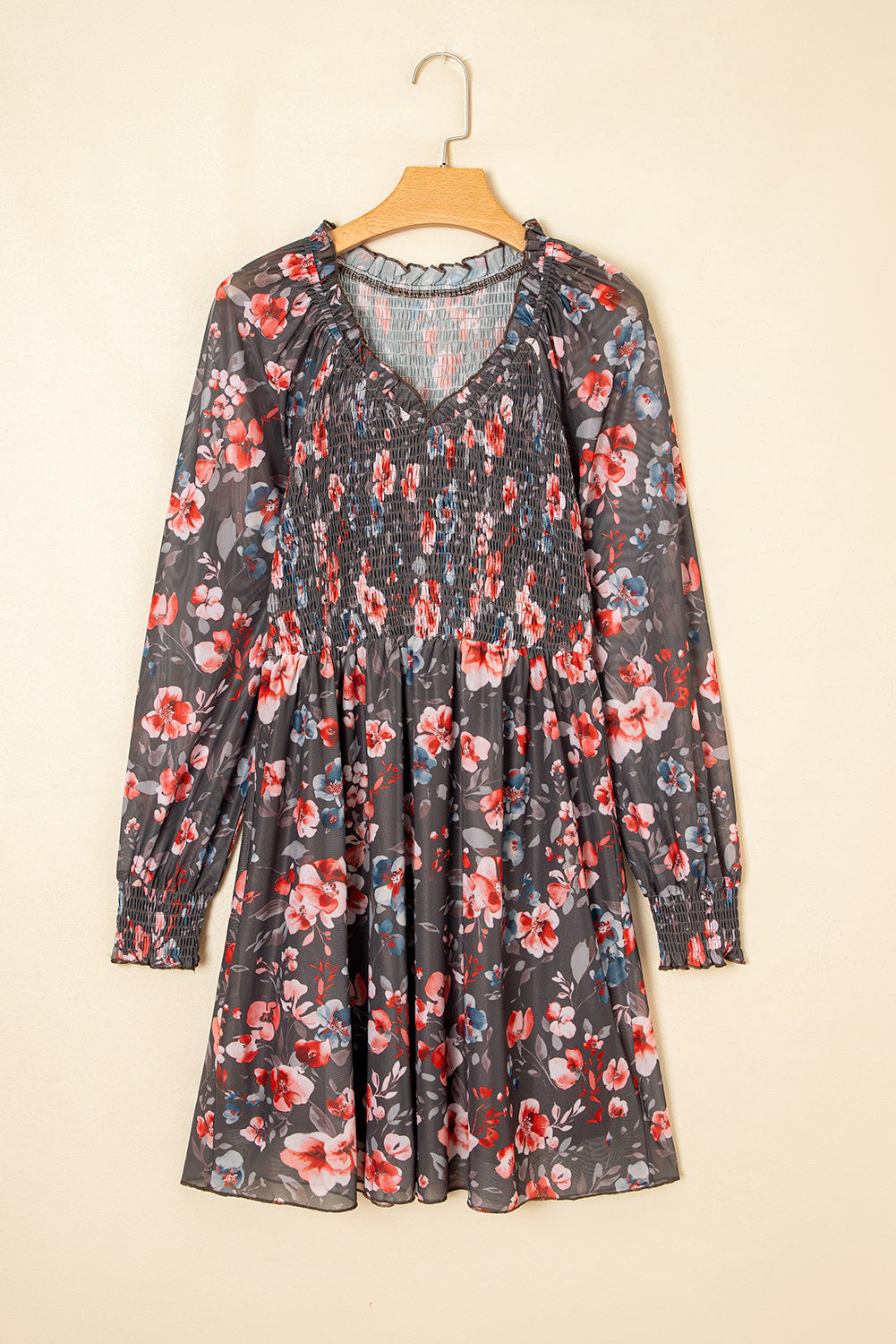 Smocked Bodice Frilly Bodice Floral Mesh Long-Sleeved Mini Dress
