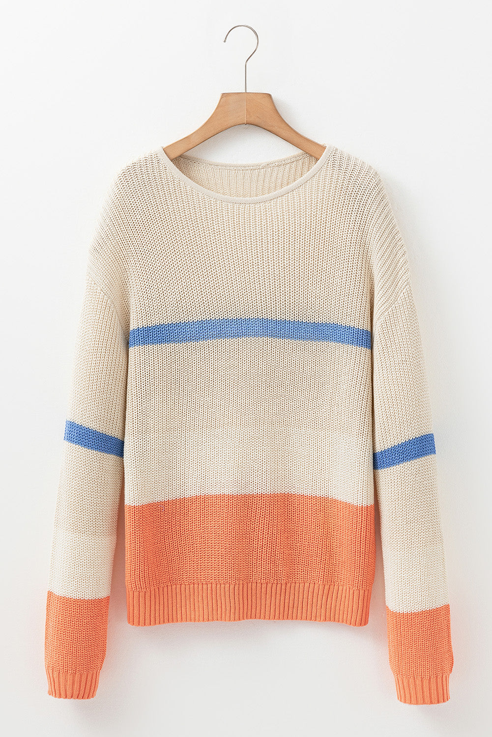 Colorblock Cozy Striped Drop-Shoulder Knit Top in Beige