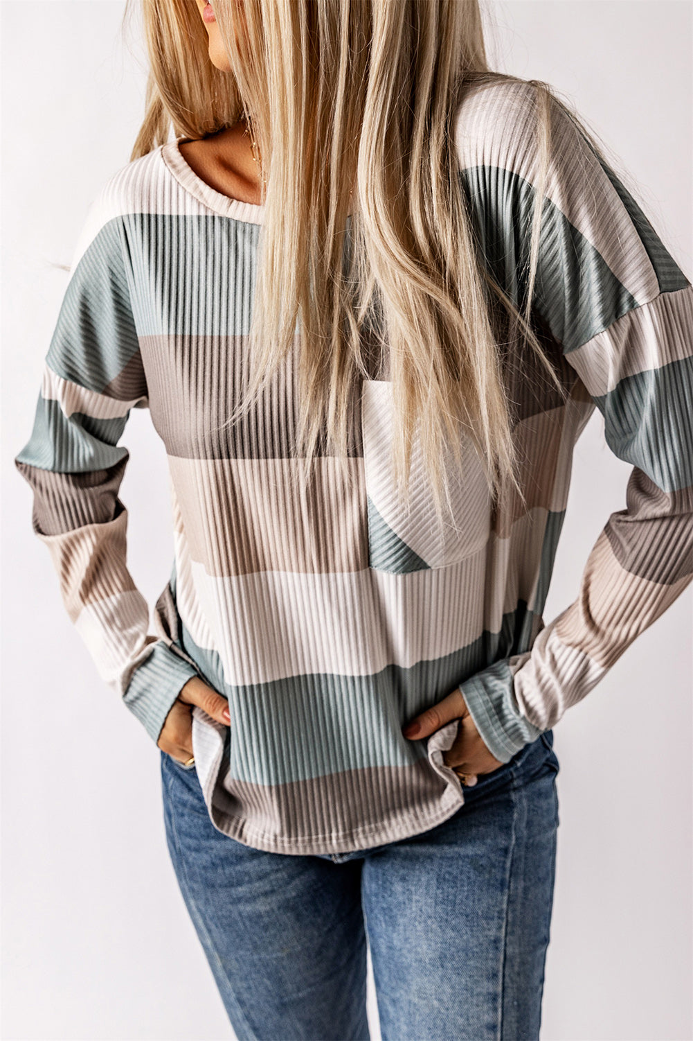 Women's Top with Color-Block Rib-Knitted Long-Sleeve