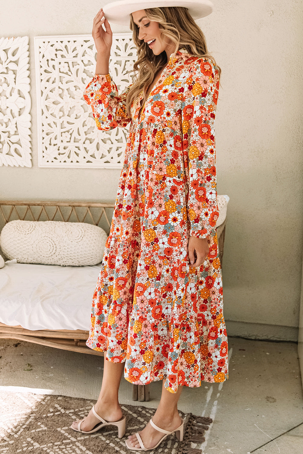 Dress for Women Collared Long-Sleeve Ruffle-Trimmed Bohemian