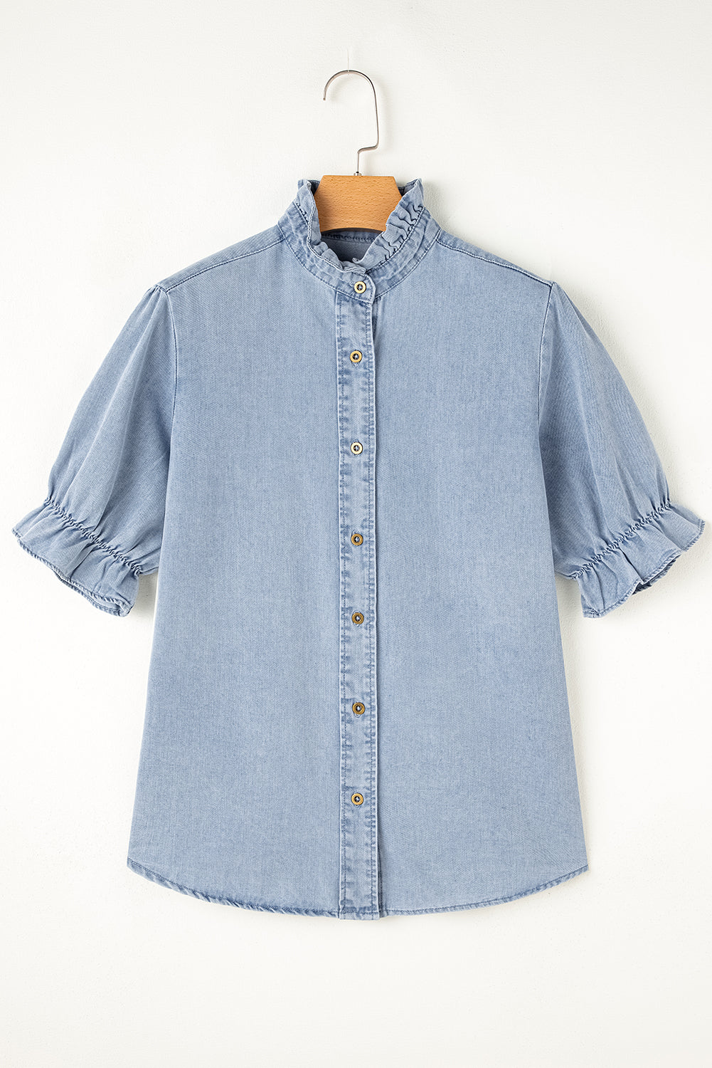 Ruffle Short Puff Sleeve Summer Chambray Shirt