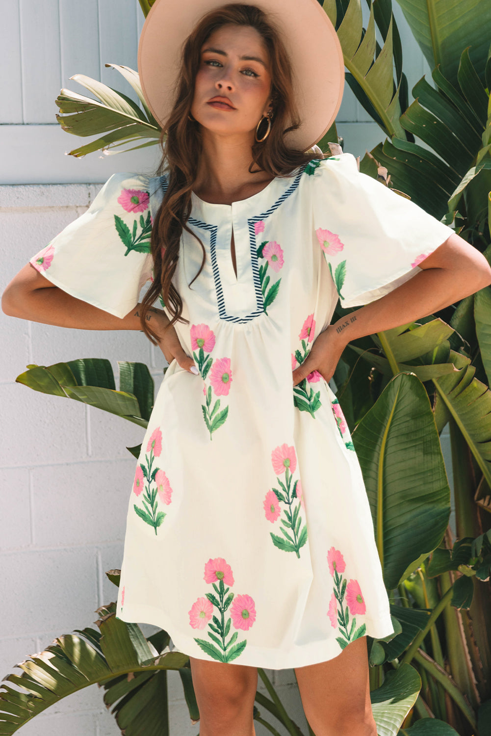 Floral Neck Short-Sleeved Split Loose Mini Dress