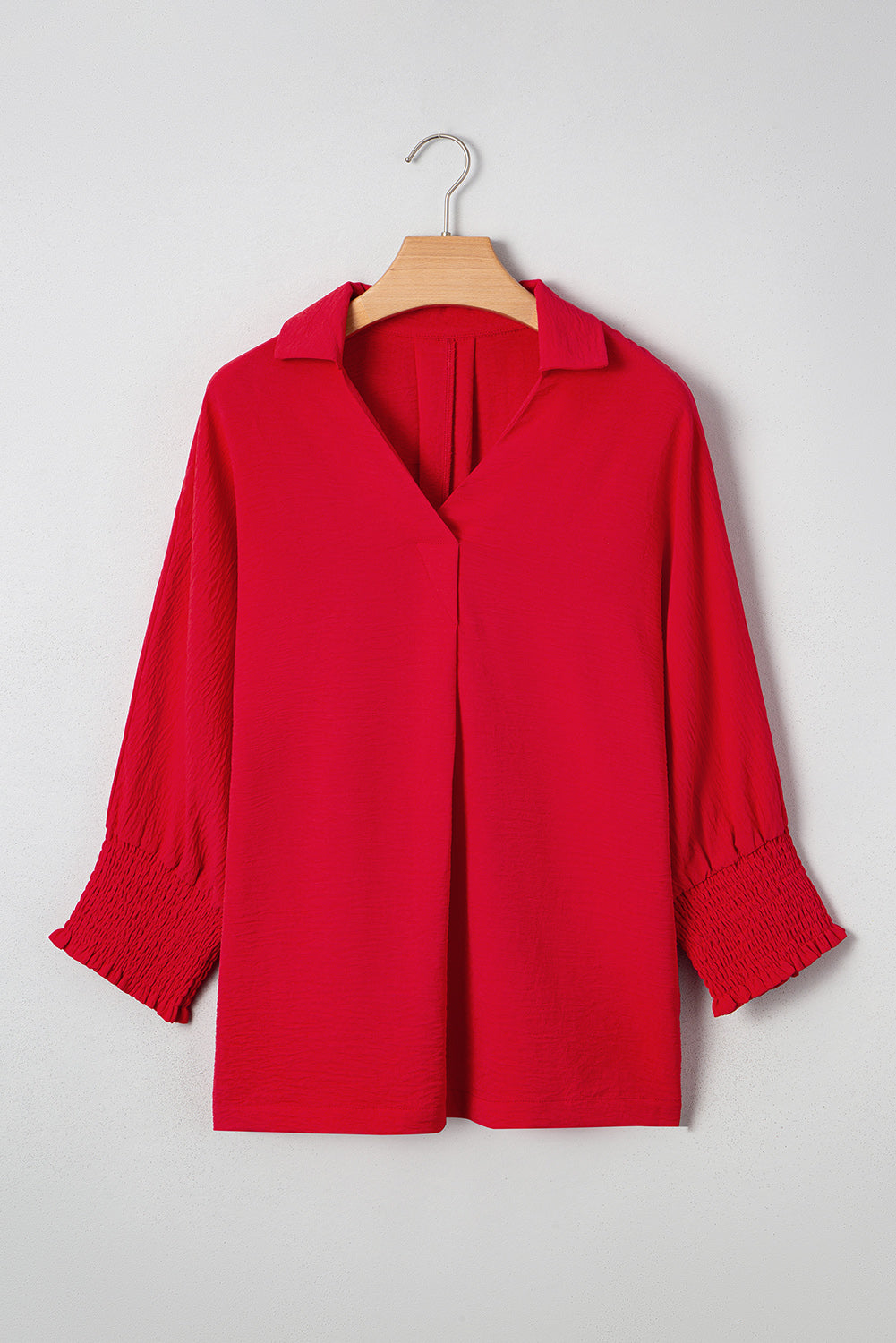 Shirred V-Neck Collared 3/4 Sleeve Roomy Tunic Top