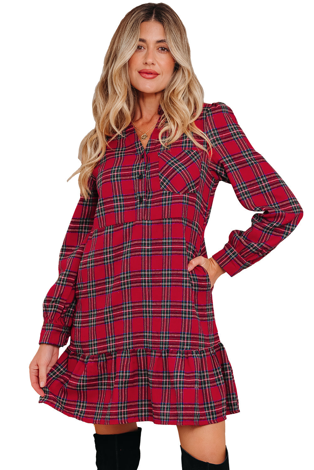 Plaid Half Shirt Collar Button Ruffle Hem Long-Sleeved Mini Dress