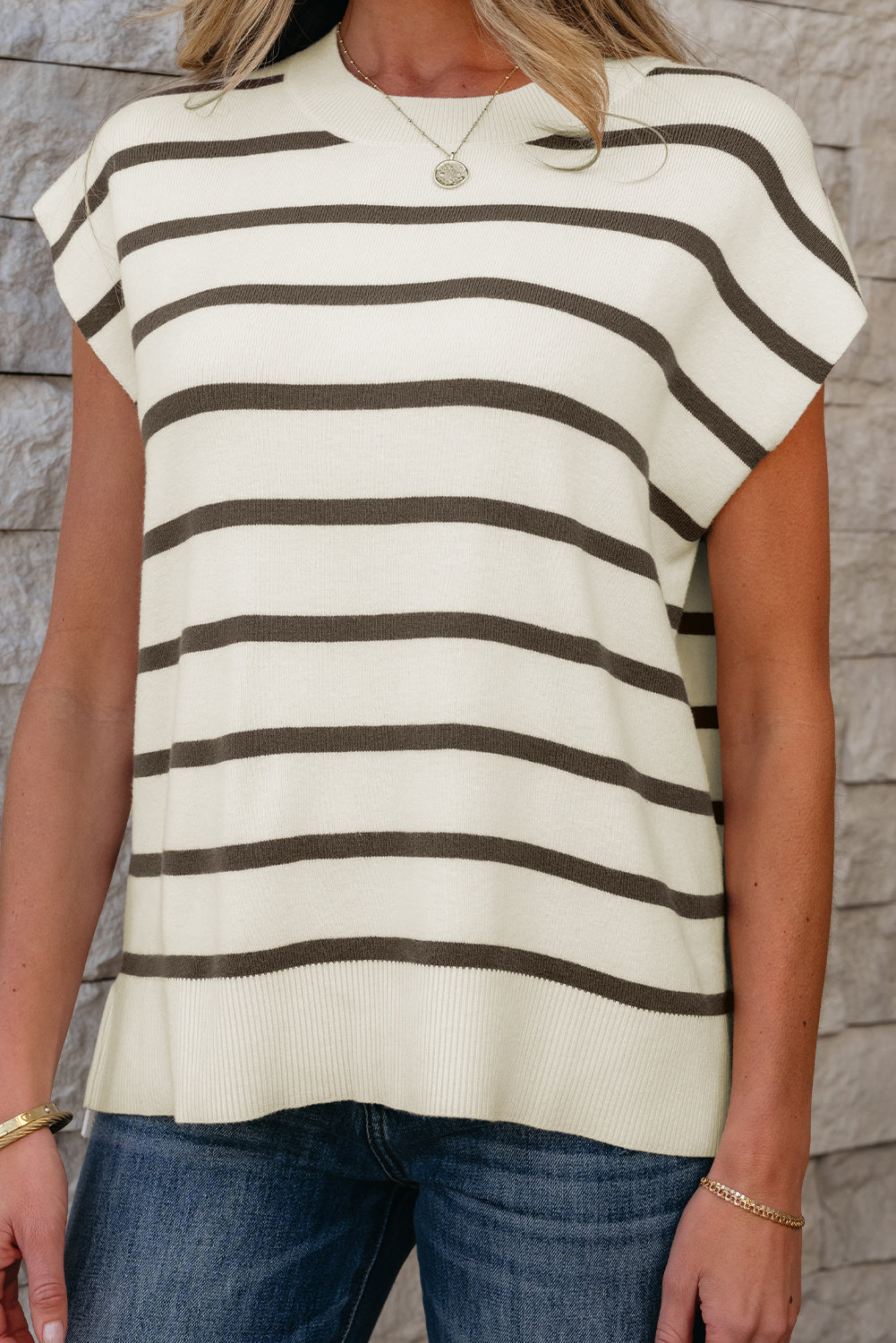Brown Stripe Side Slits Crewneck Short Sleeve Sweater