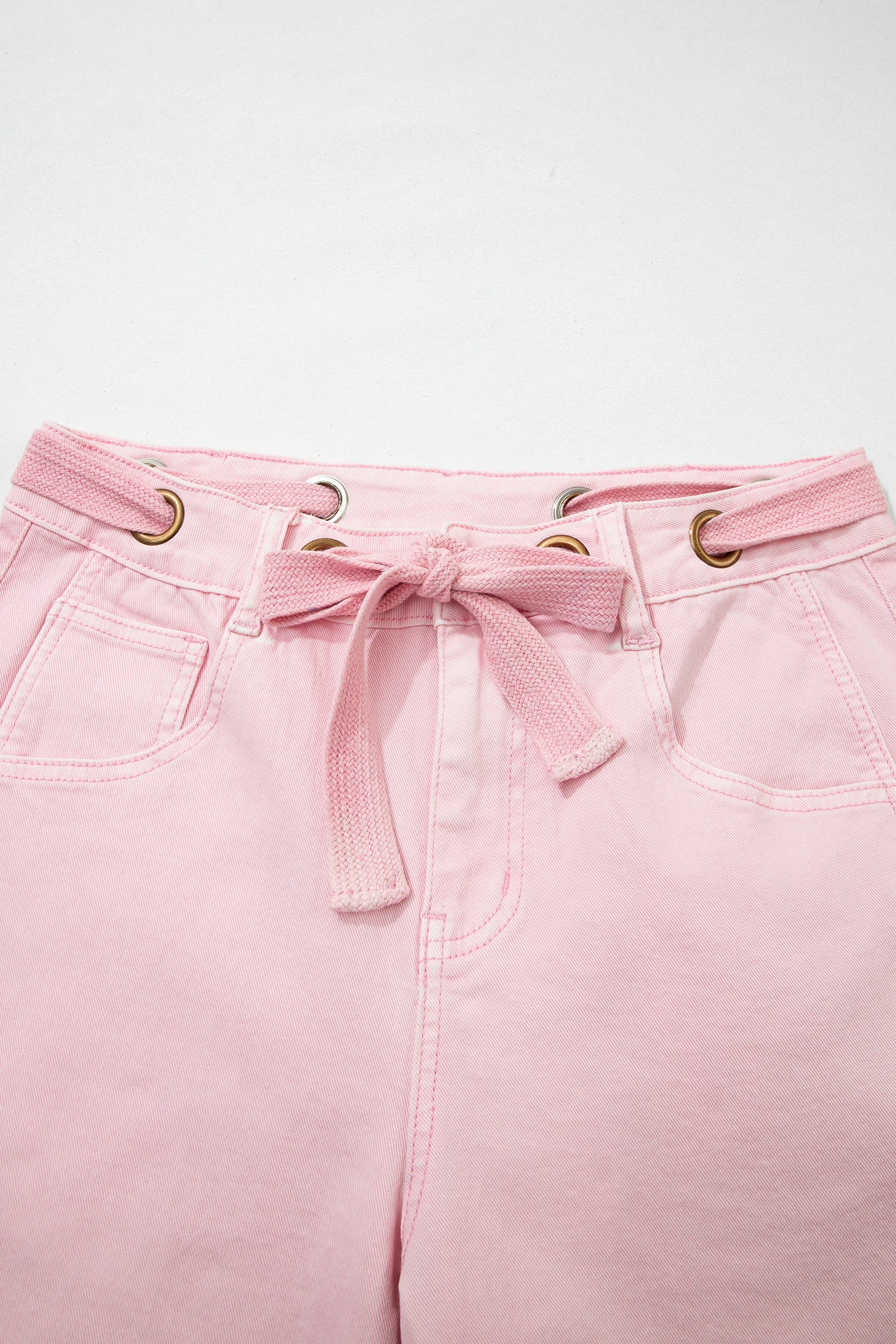 Grommet Detail Solid Detail Knot Waist Barrel Jeans in Light Pink