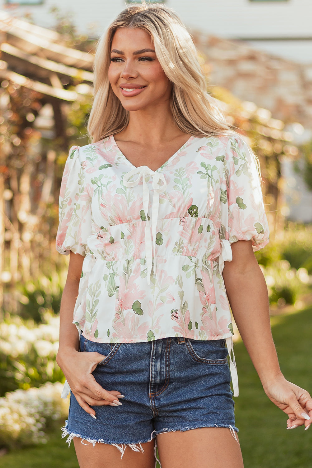 Floral V-Neck Puff Sleeve Tied Front Peplum Blouse