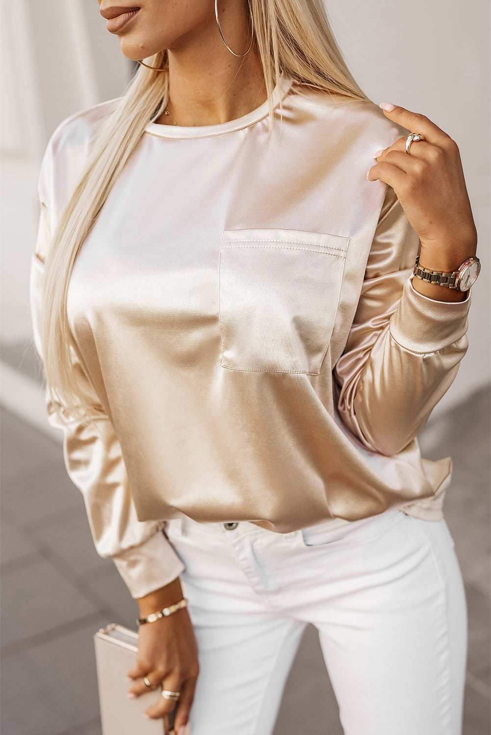 Women's Top with Pocket Long-Sleeve Glitter Chest