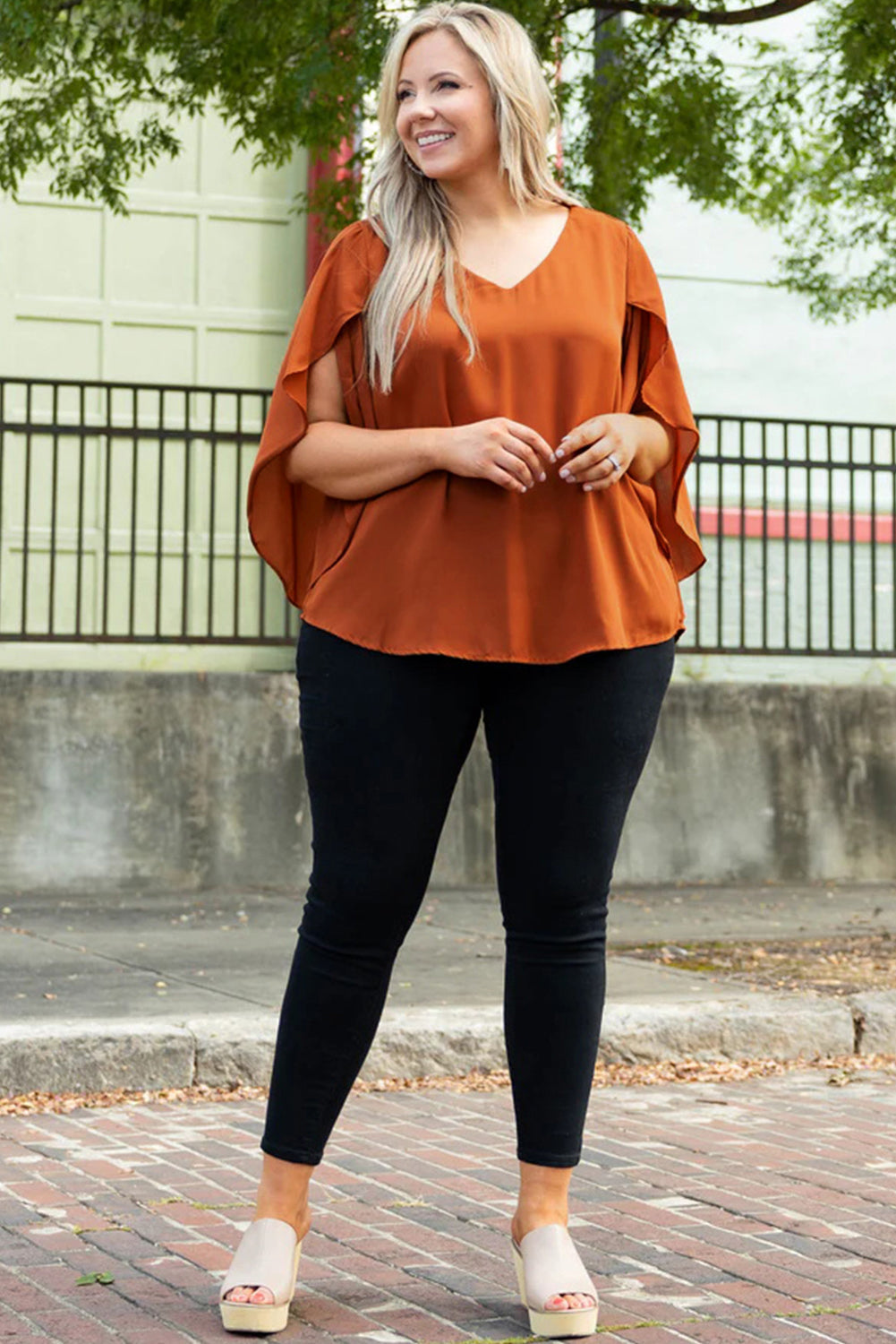 Women's Blouse Featuring Solid Ruffle-Trimmed Sleeve Plus Size