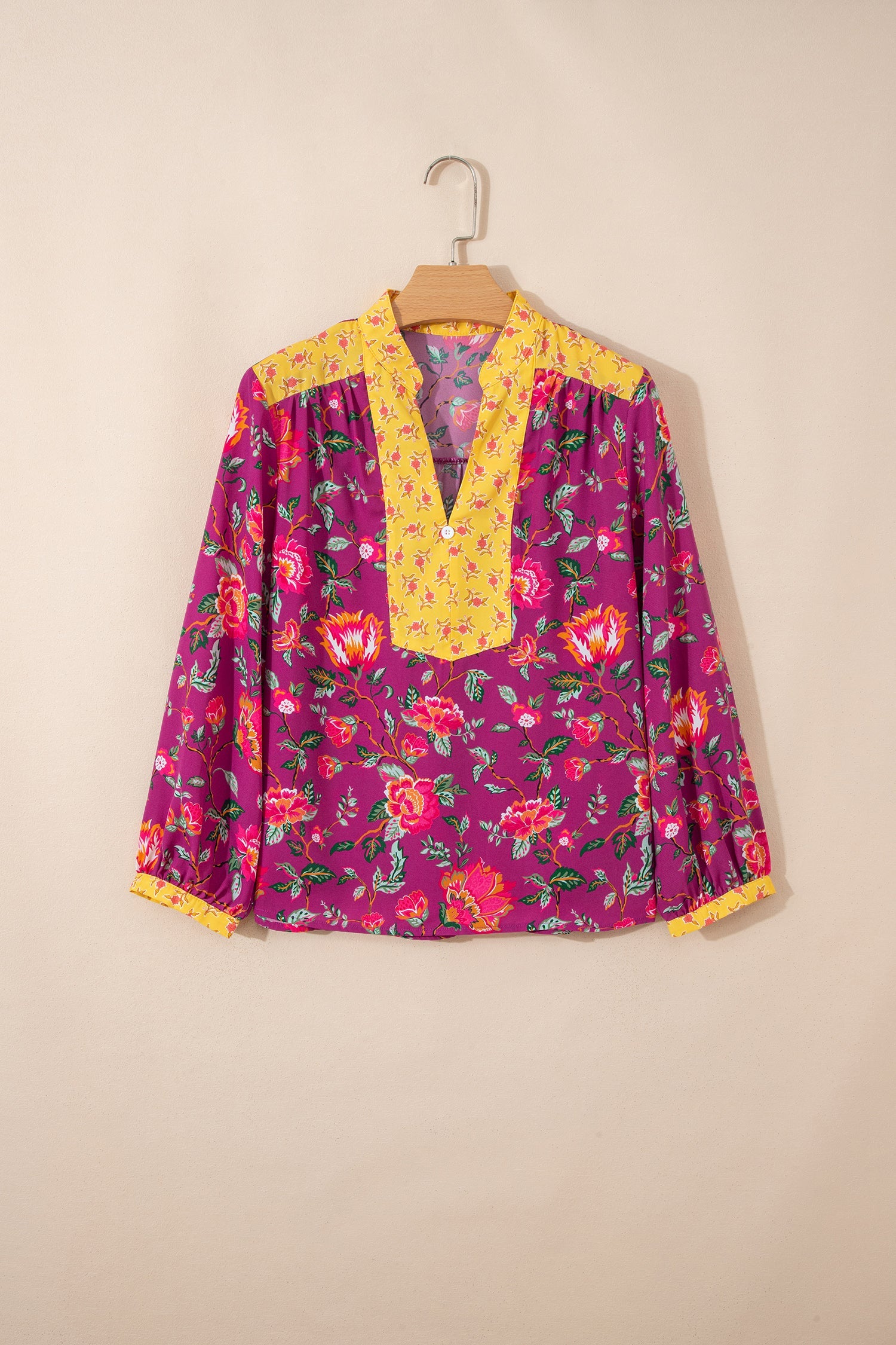 Contrast V-Neck Placket Split Floral Blouse