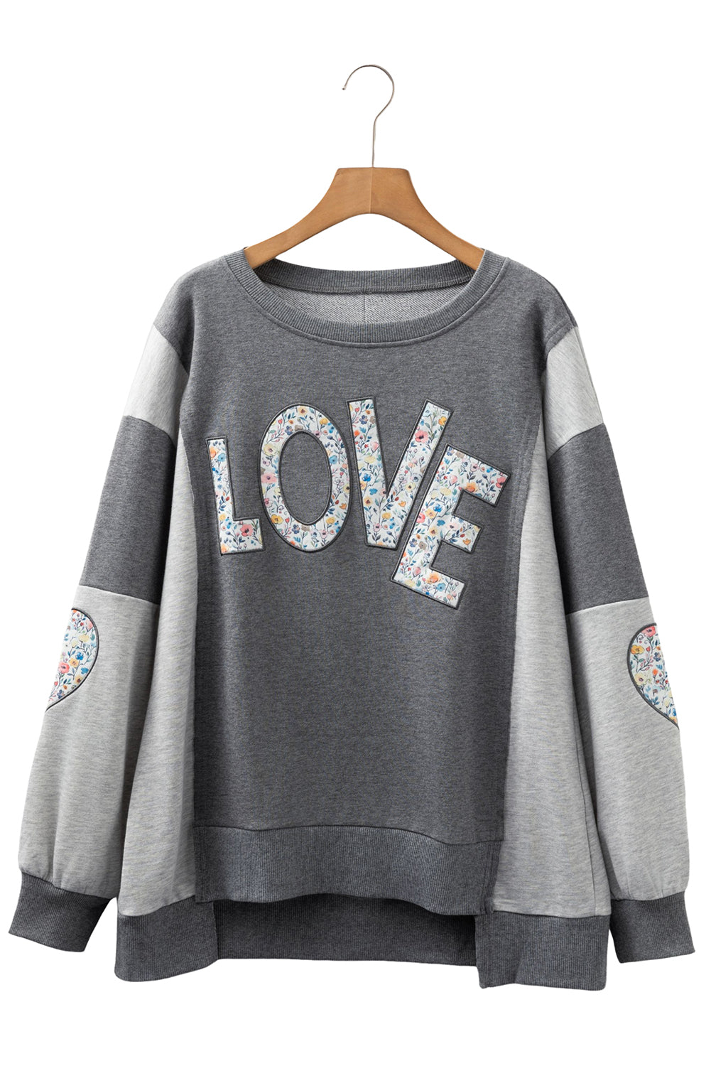 LOVE Graphic Exposed Seam Patchwork Uneven Hem Polished Sweatshirt