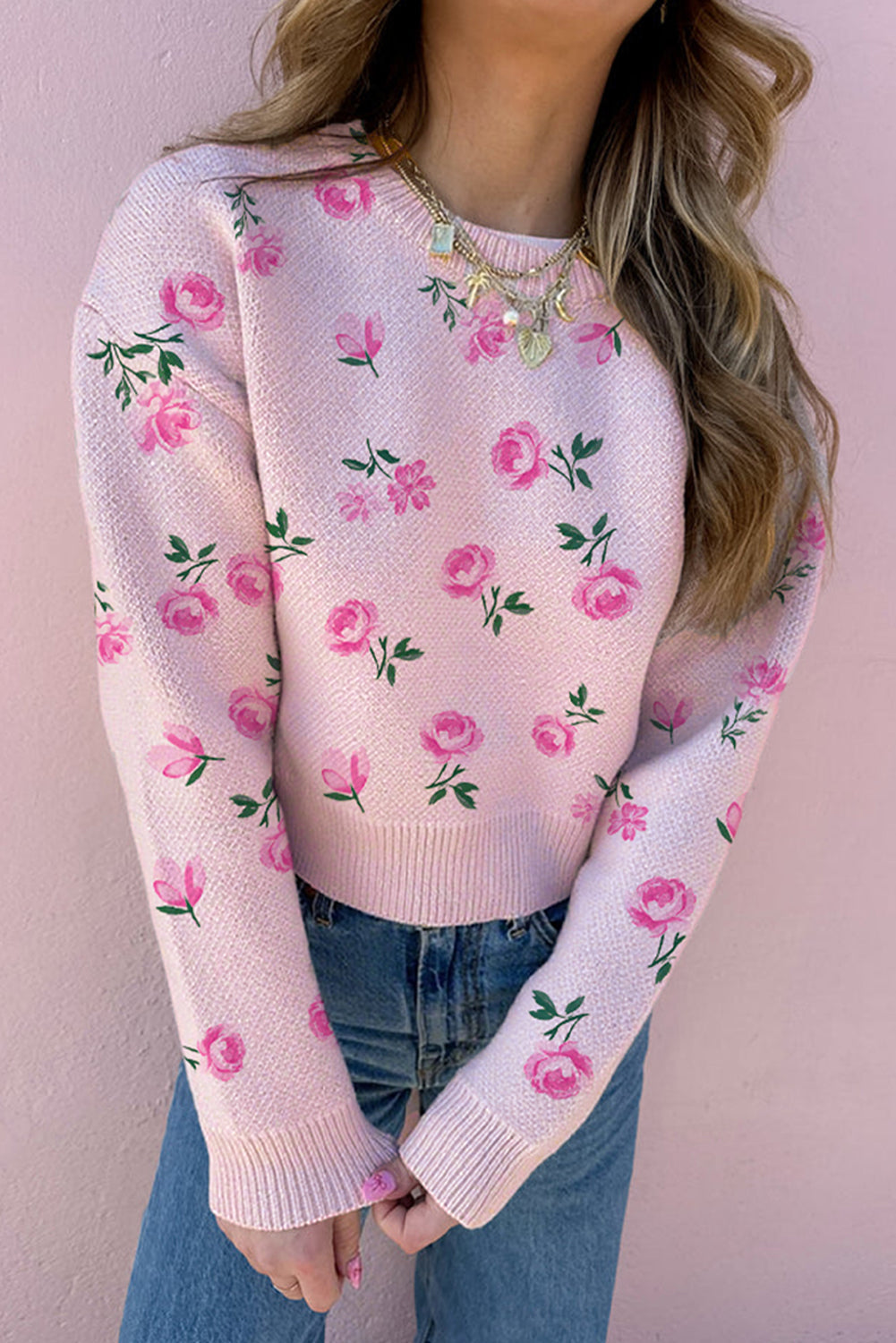 Drop-Shoulder Sweet Floral-Print Cropped Knit Top