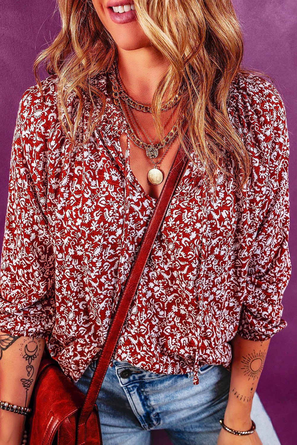 Blouse for Women Shirred Tie Neck Floral-Print Print