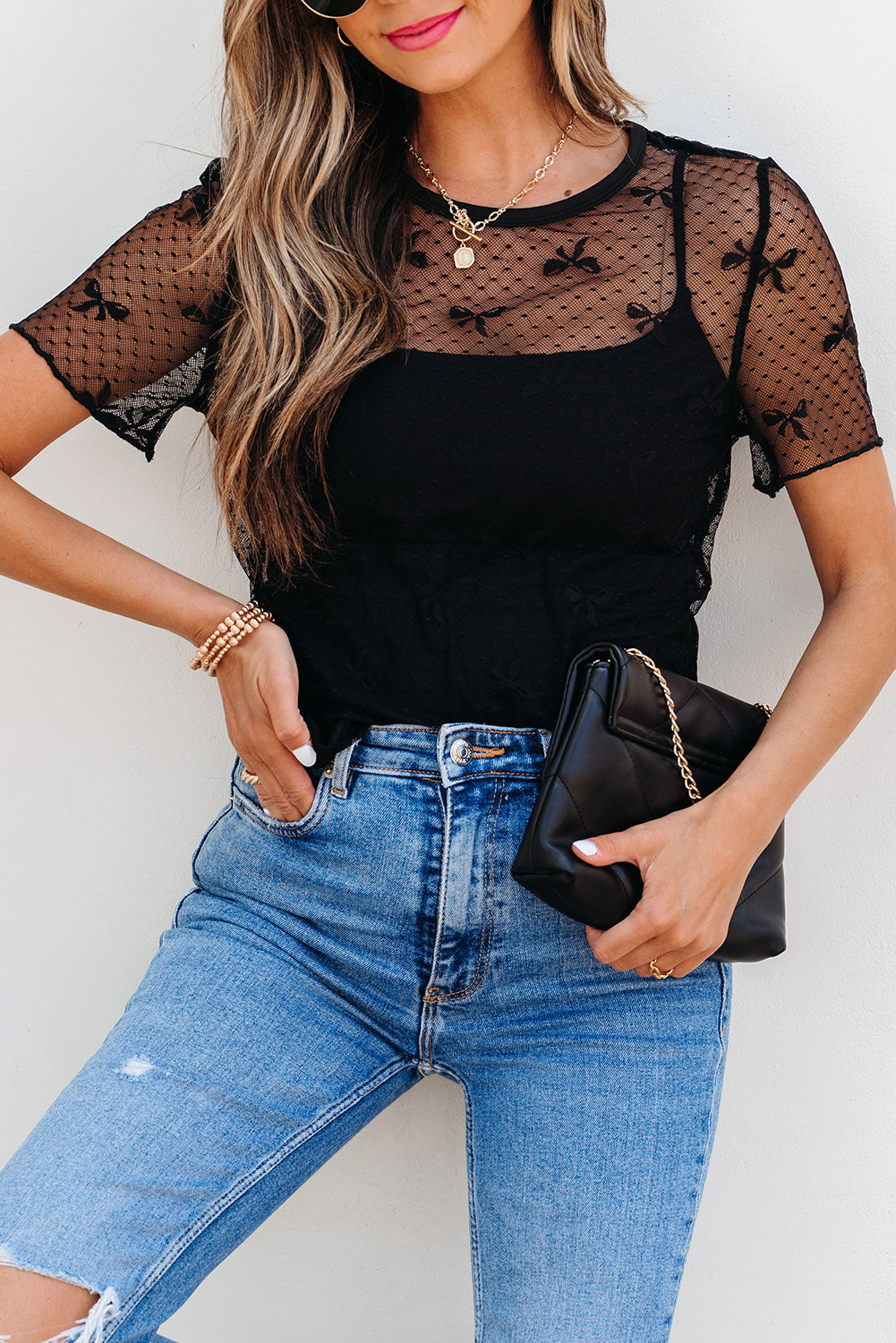 Bow See-through Knot Dotted Mesh Patched Slim Fit Blouse