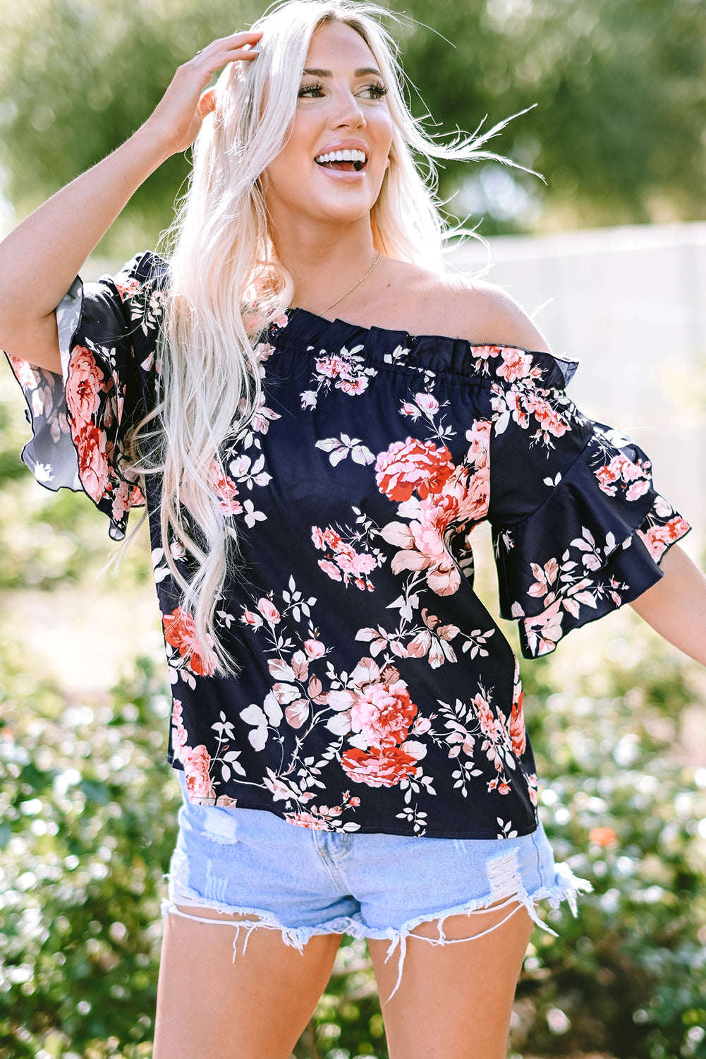 Women's Blouse Featuring Floral-Print Ruffle-Trimmed Flounce Sleeve
