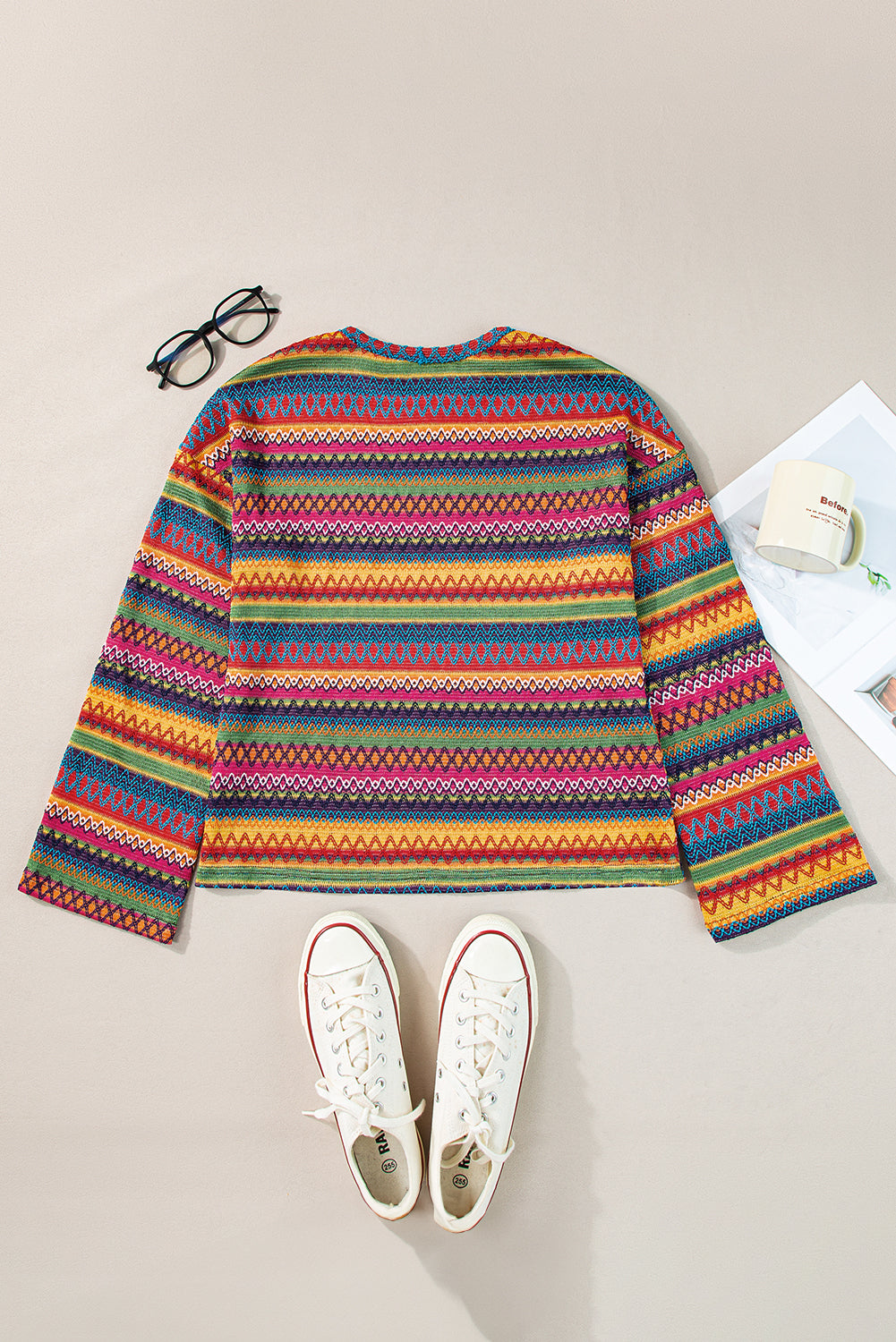 Jacquard Geo Long-Sleeved T Shirt in Multicolor