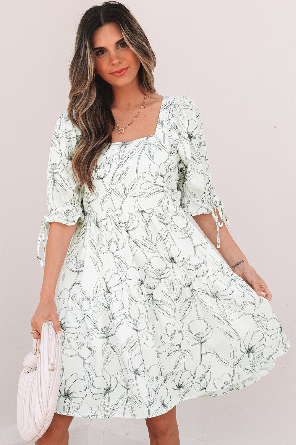 Floral Print Square Neck Shirred Back Mini Dress