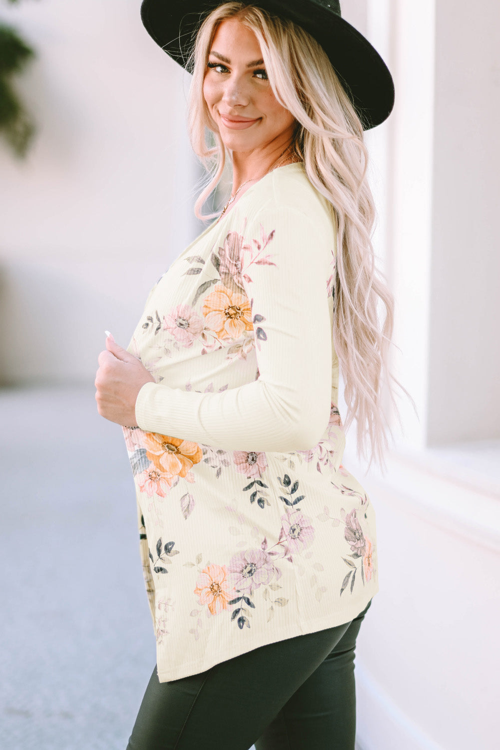 Women's Floral-Print Rib-Knitted Knitted Slim Fit Cardigan