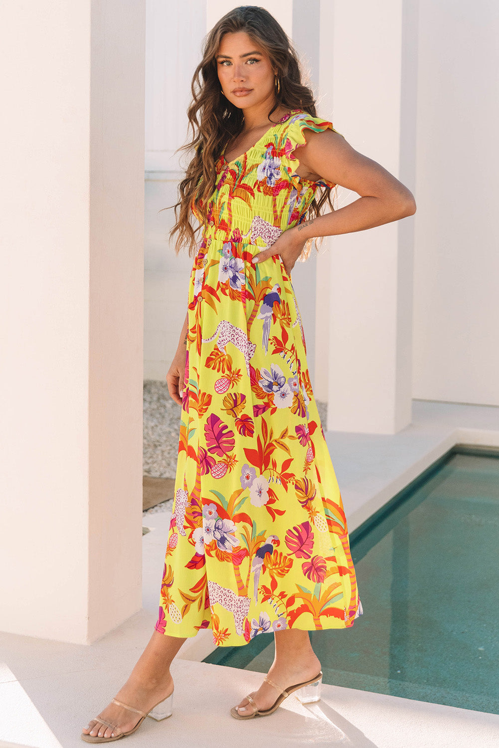 Yellow Cheetah Plant Print Shirred Button Maxi Dress
