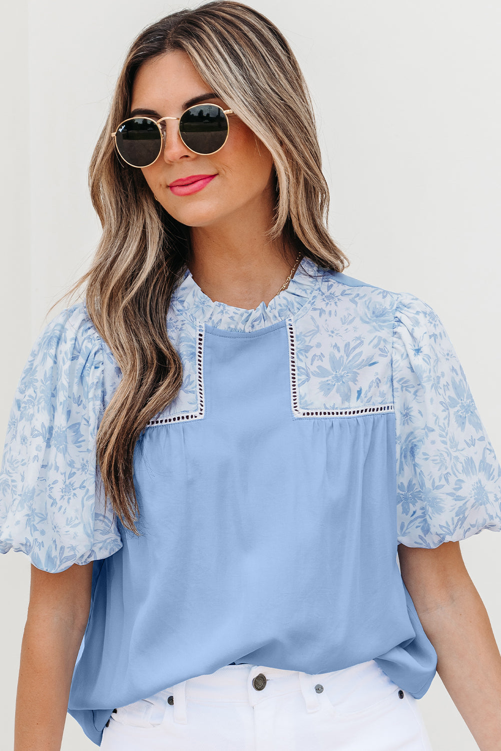 Floral Lace Insert Puff Sleeve Patchwork Loose Blouse