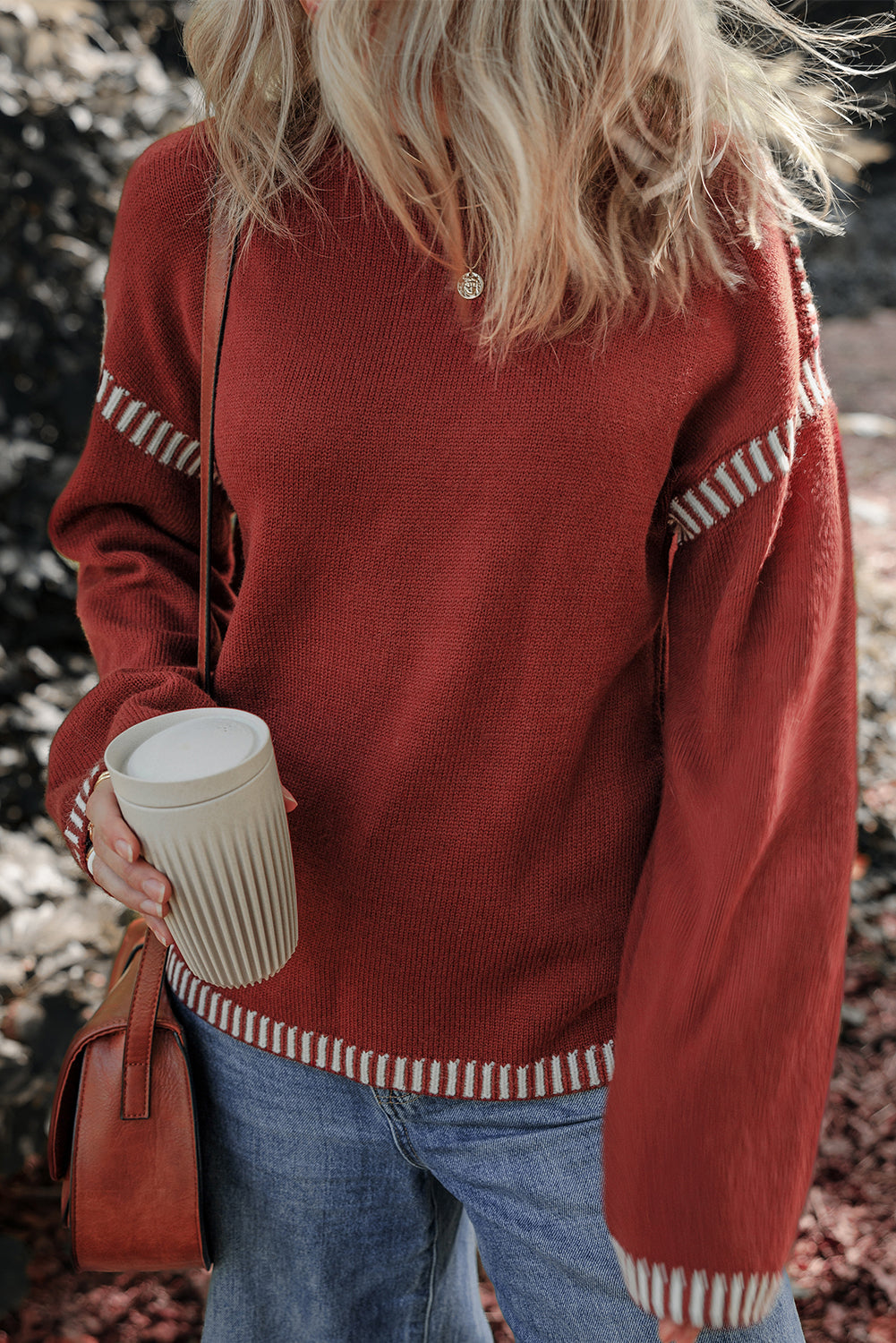 Color Contrast Trim Drop-Shoulder Crew-Neck Knit Top