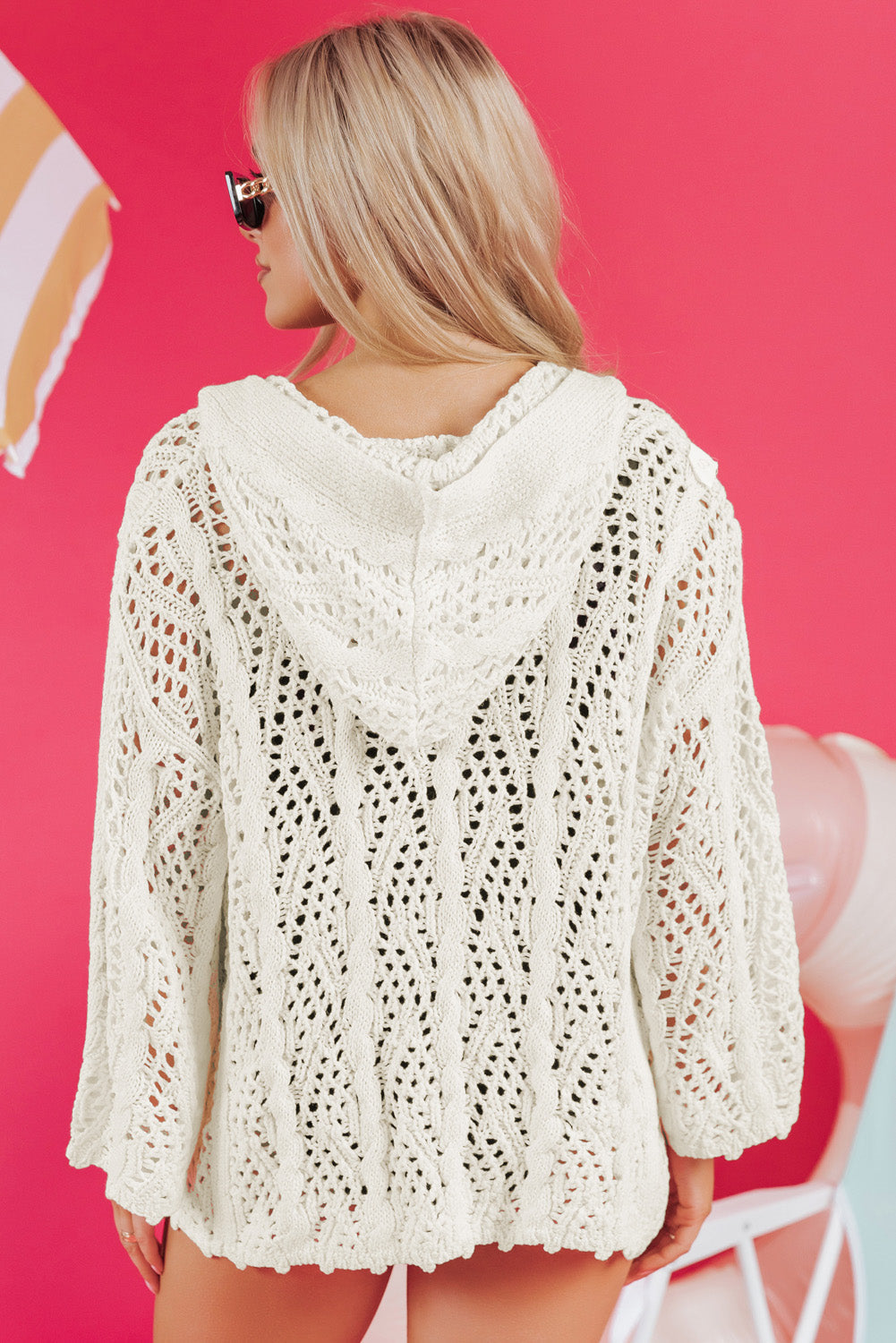 Knit Fashion Open Hooded Beach Cover Up in White