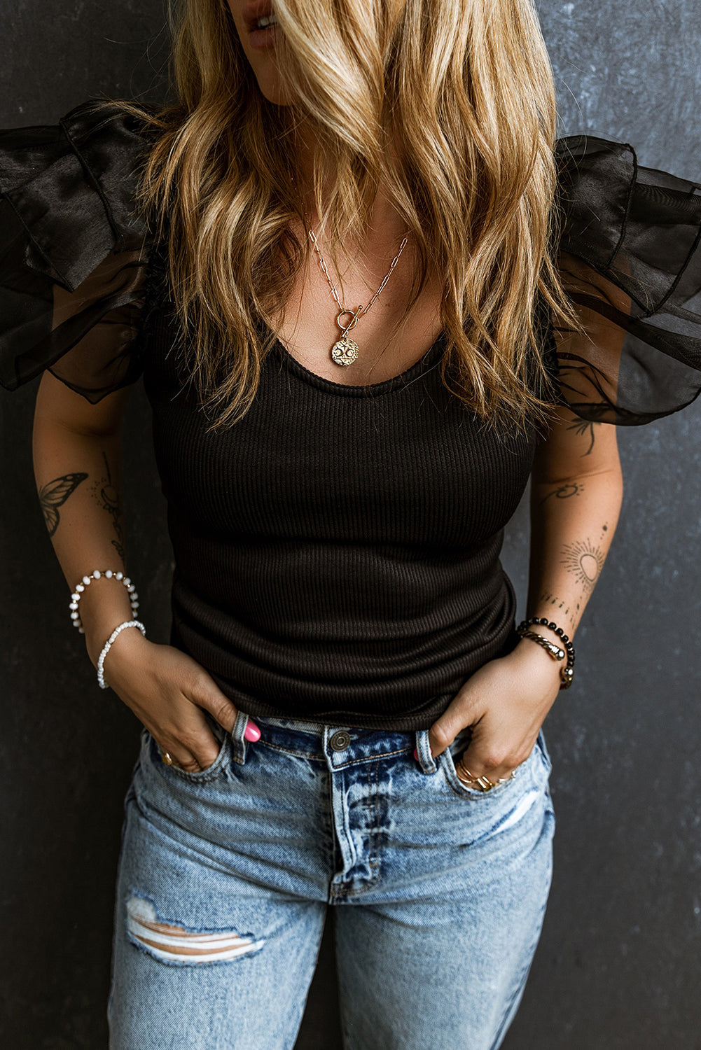 Women's Knit Top Featuring Rib-Knitted Mesh Flutter
