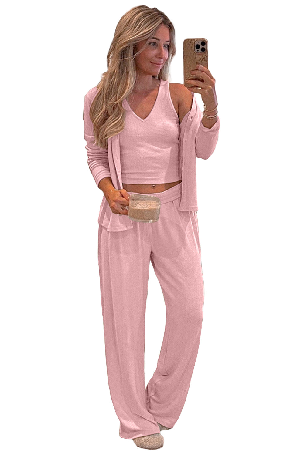 3-Piece Cozy Knit Lounge Set in Light Pink