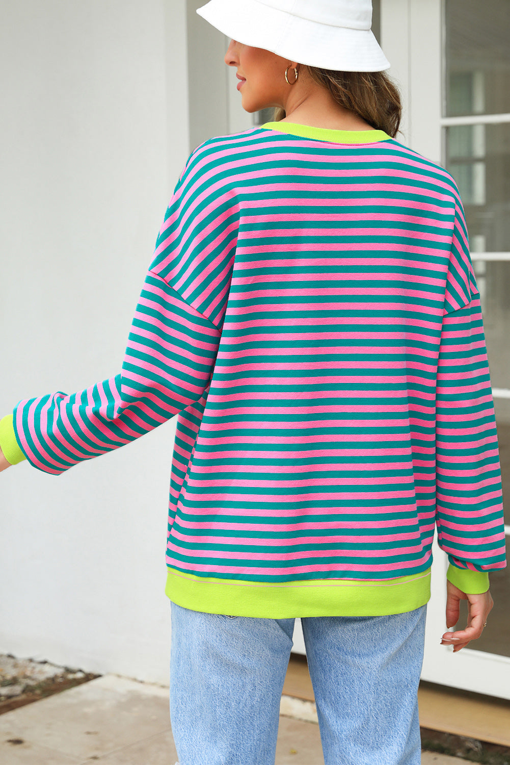 Rib-Knit Trim Contrast Trim Crossed Stitch Drop-Shoulder Sweatshirt