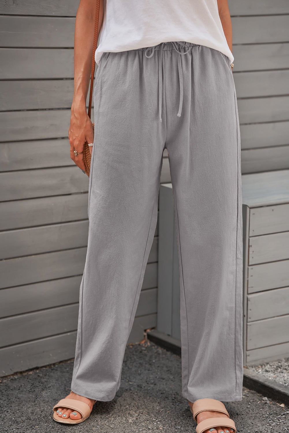 Women's Pants with Pockets Long Straight Legs Women's Gray Drawcord Elastic Waist