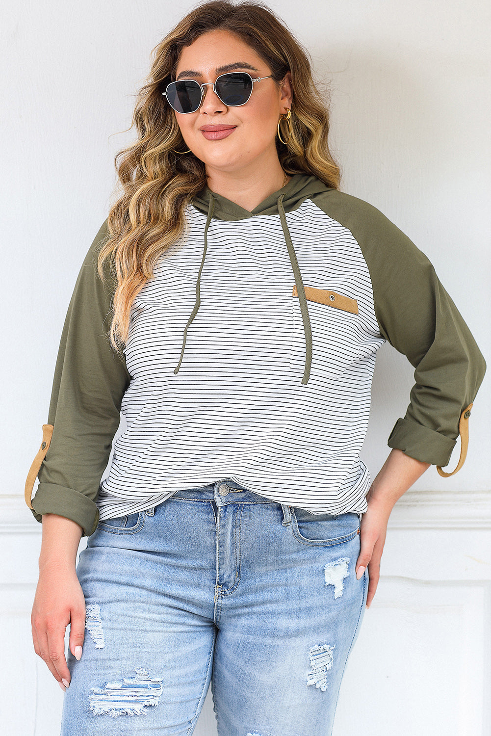 Women's Hoodie Featuring Plus Size Striped Raglan-Sleeve