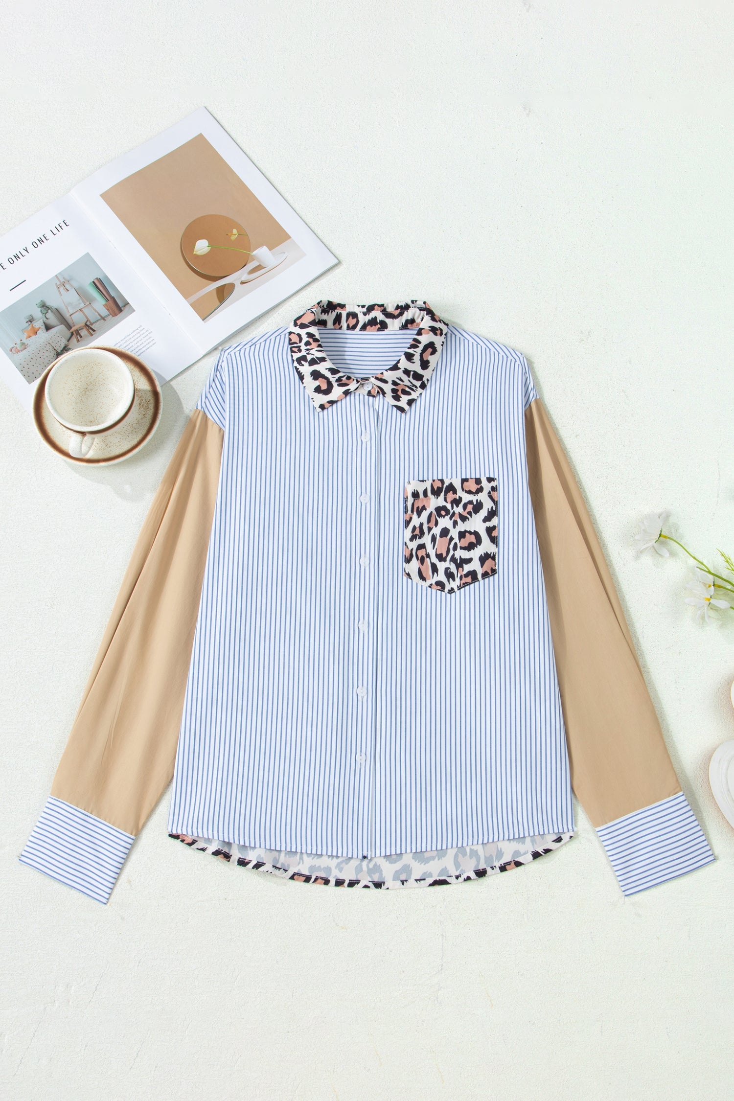 Patchwork Colorblock Leopard Chest Pocket Cuffed Sleeve Shirt