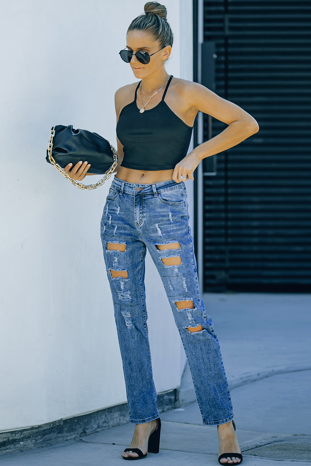 Women's Jeans with Button-Front Pockets Distressed