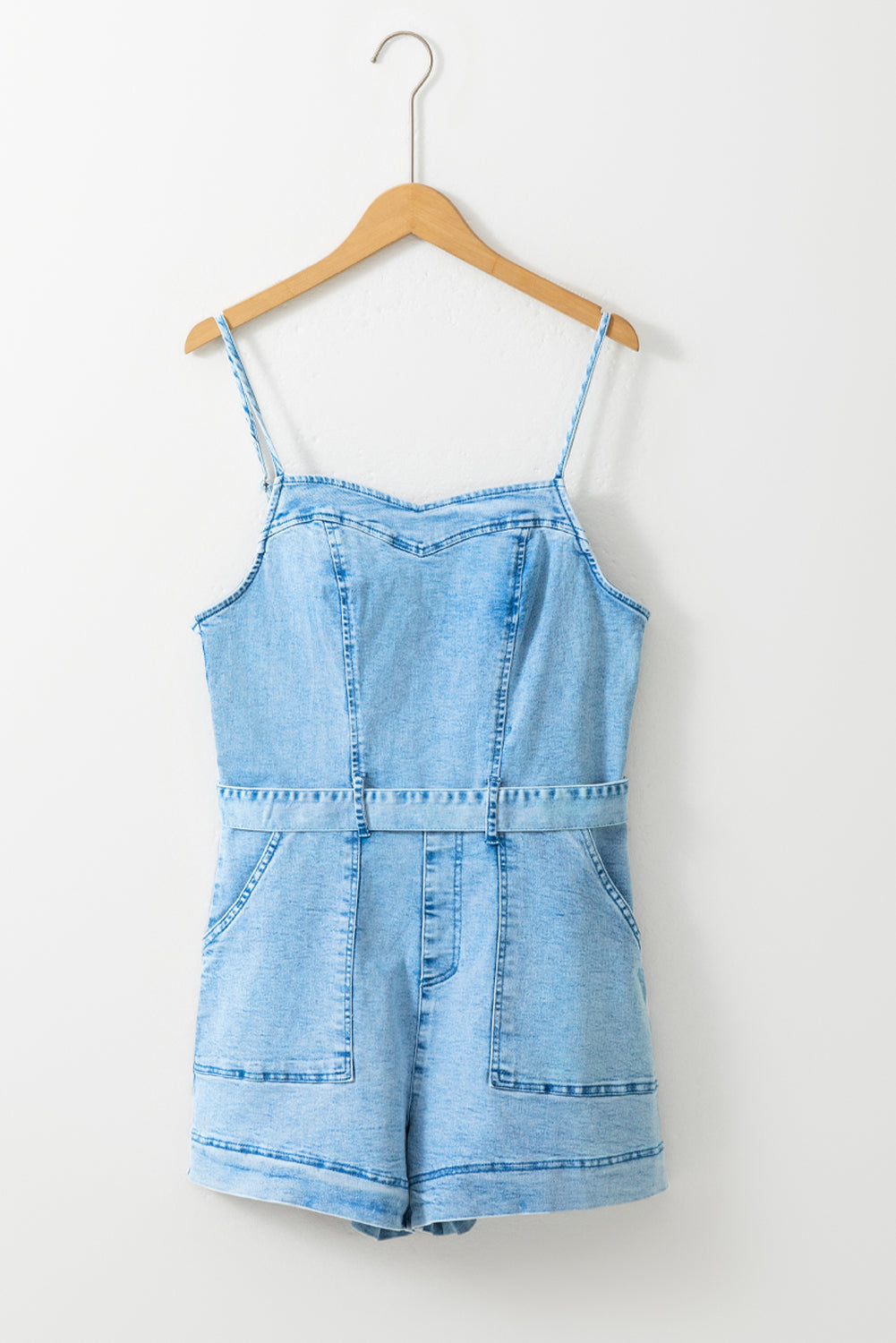 Women's Romper Featuring Belted Denim Spaghetti Straps