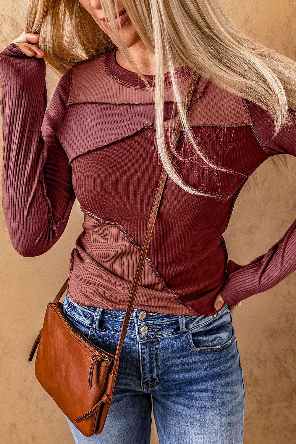 Women's Rib-Knitted Expose Seam Knit Top