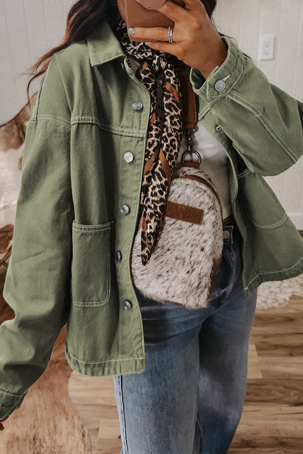 Collared Patched Pocket Button Front Boyfriend Denim Jacket