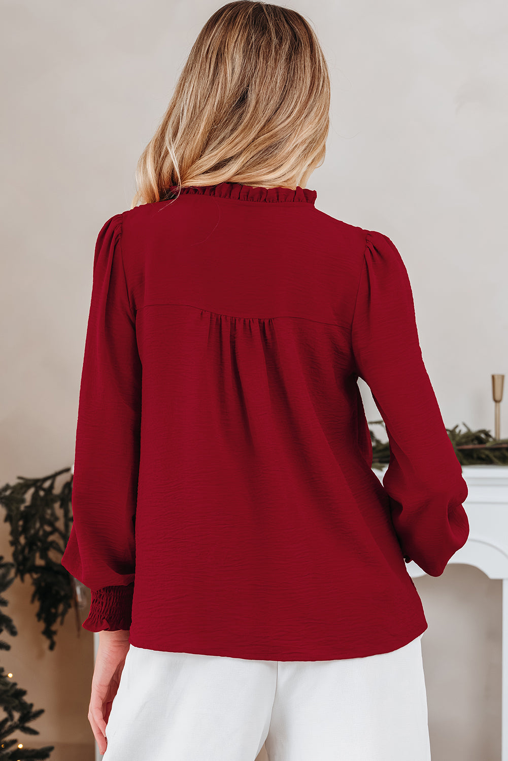 Neck Shirred Notched Shirred Cuff Long-Sleeved Blouse